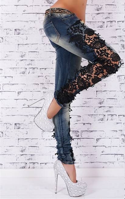 F8910 Sexy Womens Skinny Ripped Distressed Lace Jeans